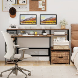 Costway 170Cm Long Computer Desk With Monitor Stand Large Home Office Desk With Power Outlets - thumbnail 4