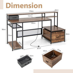 Costway 170Cm Long Computer Desk With Monitor Stand Large Home Office Desk With Power Outlets - thumbnail 3