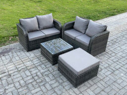 Fimous Rattan Sofa Set Outdoor Garden Furniture Set With Square Coffee Table Loveseat Sofa Big Footstool Dark Grey Mixed - thumbnail 1