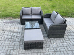 Fimous Rattan Sofa Set Outdoor Garden Furniture Set With Square Coffee Table Loveseat Sofa Big Footstool Dark Grey Mixed - thumbnail 2
