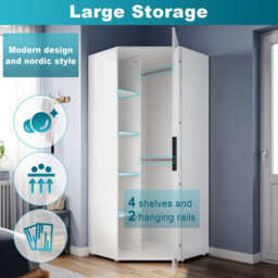 ELEGANT Corner Wardrobe for Bedroom, 800 x 1860 x 800mm, High Gloss White, 1 Door, 5 Shelves & 2 Hanging Rails - thumbnail 3