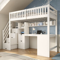 Merax High Sleeper Bed 90 X 190 Cm, 3Ft Single Bed With Corner Desk, Shelves & Staircase Storage, Wooden Loft Bed, White - thumbnail 1