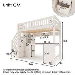 Merax High Sleeper Bed 90 X 190 Cm, 3Ft Single Bed With Corner Desk, Shelves & Staircase Storage, Wooden Loft Bed, White - thumbnail 5