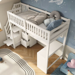 Merax High Sleeper Bed 90 X 190 Cm, 3Ft Single Bed With Corner Desk, Shelves & Staircase Storage, Wooden Loft Bed, White - thumbnail 4