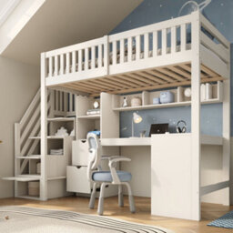 Merax High Sleeper Bed 90 X 190 Cm, 3Ft Single Bed With Corner Desk, Shelves & Staircase Storage, Wooden Loft Bed, White - thumbnail 3