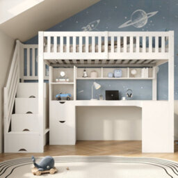 Merax High Sleeper Bed 90 X 190 Cm, 3Ft Single Bed With Corner Desk, Shelves & Staircase Storage, Wooden Loft Bed, White - thumbnail 2