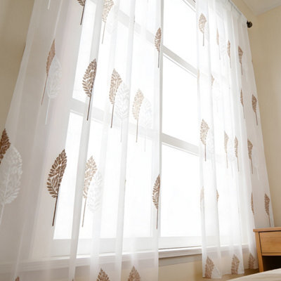 Living And Home White 2-Piece Set With Brown Leaf Pattern Embroidered Semi-Sheer Curtains, 130 X 180 Cm - image 1