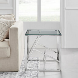 Furniturebox Amalfi Silver Chrome Metal Side Table - Square Clear Glass & Silver Table - Abstract Pattern - Sleek, Chic, Bright & Airy - thumbnail 2
