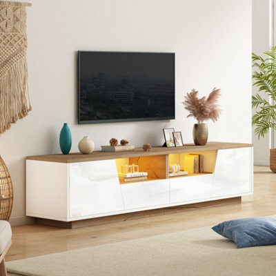 Led Tv Stand With Storage Drawers, Cabinets And Cable Management, White & Oak - image 1