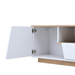 Led Tv Stand With Storage Drawers, Cabinets And Cable Management, White & Oak - thumbnail 2