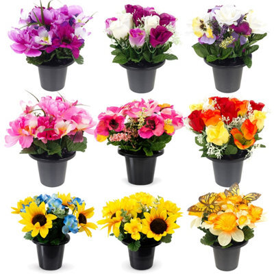 Urbn-Living Yellow Sunflower & Hydrangea Set Of 2 Artificial Silk Flower Grave Pot Memorial Arrangement Graveside Cemetery - image 1