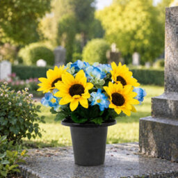 Urbn-Living Yellow Sunflower & Hydrangea Set Of 2 Artificial Silk Flower Grave Pot Memorial Arrangement Graveside Cemetery - thumbnail 6