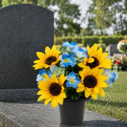 Urbn-Living Yellow Sunflower & Hydrangea Set Of 2 Artificial Silk Flower Grave Pot Memorial Arrangement Graveside Cemetery - thumbnail 4