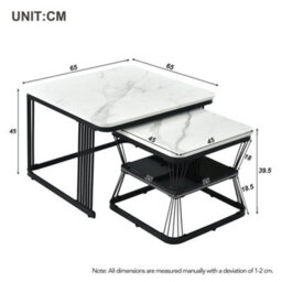 Abrihome Square Coffee Table 2 In 1 End Side Tables With Black Metal Frame Legs And Marble Pattern Top For Living Room - thumbnail 5