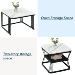 Abrihome Square Coffee Table 2 In 1 End Side Tables With Black Metal Frame Legs And Marble Pattern Top For Living Room - thumbnail 6