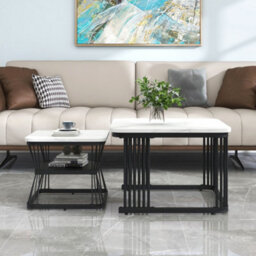 Abrihome Square Coffee Table 2 In 1 End Side Tables With Black Metal Frame Legs And Marble Pattern Top For Living Room - thumbnail 9