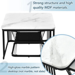 Abrihome Square Coffee Table 2 In 1 End Side Tables With Black Metal Frame Legs And Marble Pattern Top For Living Room - thumbnail 4