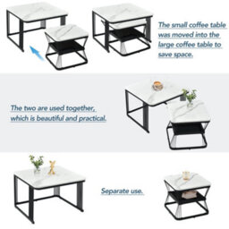 Abrihome Square Coffee Table 2 In 1 End Side Tables With Black Metal Frame Legs And Marble Pattern Top For Living Room - thumbnail 7