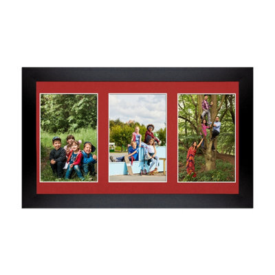 AK Frames 40X20Cm Matte Black Modern Multi Photo Frame With Crimson Mount - Holds 3 Apertures (3X) 6X4 Photos - image 1
