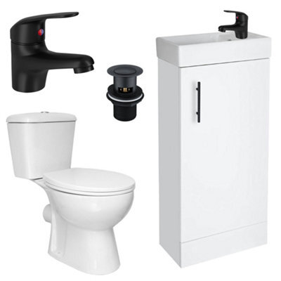 FNX Bathrooms Bubly 400mm Compact White Gloss Vanity Unit With Basin, D-Shape Close Coupled Toilet & Matt Black Tap Set - image 1