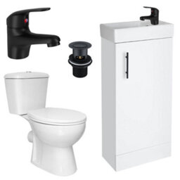 FNX Bathrooms Bubly 400mm Compact White Gloss Vanity Unit With Basin, D-Shape Close Coupled Toilet & Matt Black Tap Set - thumbnail 1