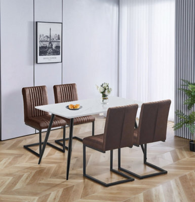 Hallowood Furniture Cullompton Rectangular Dining Table 120Cm In White Marble Effect Top With 4 Brown Leather Effect Chairs - image 1