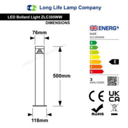 Long Life Lamps Company 3W Modern Outdoor Led Warm White Bollard Light Stainless Steel Black Finish Zlc305Ww - thumbnail 2
