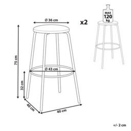 Beliani Emerald Velvet Bar Stools Set Of 2 Armless With Black Steel Legs 43 X 43 X 75 Cm - thumbnail 4