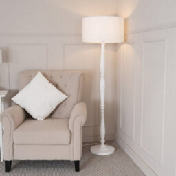 Valuelights Victoria Traditional White Wood Candlestick Floor Lamp With White Drum Shade