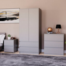 Lassic Vida Designs Denver 3 Piece Bedroom Set - (2 Drawer Large Bedside Chest, 3 Drawer Chest, 2 Door 2 Drawer Wardrobe), Grey - thumbnail 1