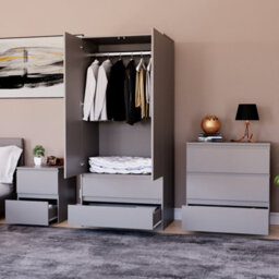 Lassic Vida Designs Denver 3 Piece Bedroom Set - (2 Drawer Large Bedside Chest, 3 Drawer Chest, 2 Door 2 Drawer Wardrobe), Grey - thumbnail 2