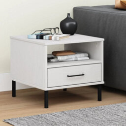 Berkfield Bedside Table With Metal Legs White Solid Wood Pine Oslo - thumbnail 1