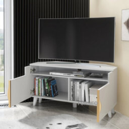 Furneo White Corner Tv Stand 100Cm Unit Cabinet Matt & High Gloss Azzurro 06 Brushed Gold Handles White Led Lights - thumbnail 2