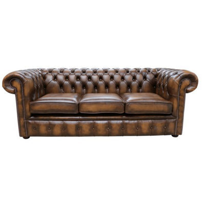 Chesterfield 3 Seater Antiquen Tan Leather Tufted Buttoned Sofa In Classic Style - image 1