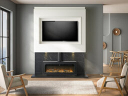 Acantha Pre-Built Black Marble Effect Media Wall 3 With Vision Electric Media Stove In Black