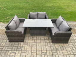 Fimous Rattan Garden Outdoor Furniture 3 Pc Love Sofa Set Patio Adjustable Rising Lifting Dining Table Dark Grey Mixed - thumbnail 1