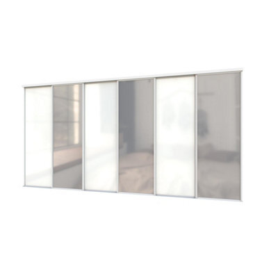 A-Class Sliding Doors Set Of 6 White Glass & Mirror Sliding Wardrobe Door Kit, White Frame & Tracks, Opening Height (H) 225-226Cm & Width (W) 354-355Cm - image 1