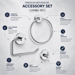 Billtix Chrome Bathroom Accessory Set Wall Mounted Towel Ring, Toilet Roll Holder & Robe Hook Zinc Alloy Chrome - thumbnail 8