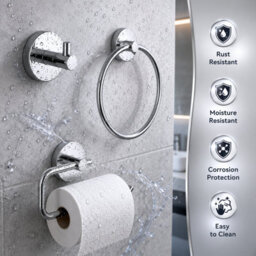 Billtix Chrome Bathroom Accessory Set Wall Mounted Towel Ring, Toilet Roll Holder & Robe Hook Zinc Alloy Chrome - thumbnail 9