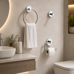 Billtix Chrome Bathroom Accessory Set Wall Mounted Towel Ring, Toilet Roll Holder & Robe Hook Zinc Alloy Chrome - thumbnail 4