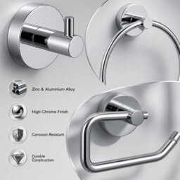 Billtix Chrome Bathroom Accessory Set Wall Mounted Towel Ring, Toilet Roll Holder & Robe Hook Zinc Alloy Chrome - thumbnail 7