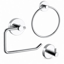 Billtix Chrome Bathroom Accessory Set Wall Mounted Towel Ring, Toilet Roll Holder & Robe Hook Zinc Alloy Chrome - thumbnail 1