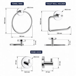 Billtix Chrome Bathroom Accessory Set Wall Mounted Towel Ring, Toilet Roll Holder & Robe Hook Zinc Alloy Chrome - thumbnail 2