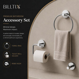 Billtix Chrome Bathroom Accessory Set Wall Mounted Towel Ring, Toilet Roll Holder & Robe Hook Zinc Alloy Chrome - thumbnail 3