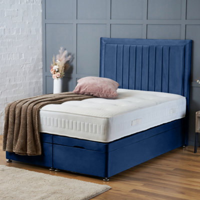 Bsspoke Ottoman Divan Bed Blue Velvet Orthopaedic Mattress And 54Inch Headboard End Lift Up Storage Solid Divan Base In All Sizes - image 1