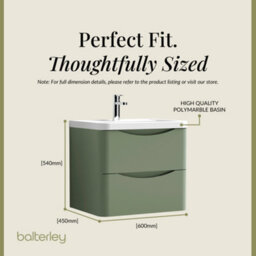 Balterley Dunwood Wall Hung 2 Drawer Bathroom Vanity Unit & Polymarble Basin, Satin Green, 550mm - thumbnail 5