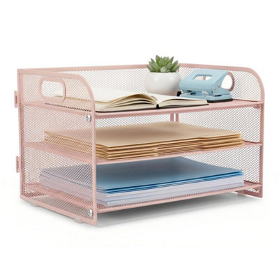 Pink 3-Tier Metal Mesh A4 File Tray Stackable Organiser Handle - image 1
