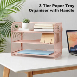 Pink 3-Tier Metal Mesh A4 File Tray Stackable Organiser Handle - thumbnail 2