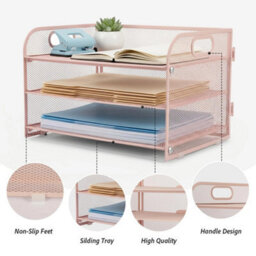 Pink 3-Tier Metal Mesh A4 File Tray Stackable Organiser Handle - thumbnail 3