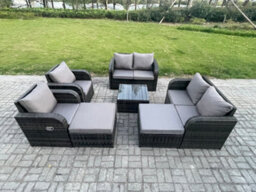 Fimous 8 Seater High Back Rattan Garden Furniture Set With Square Coffee Table Love Sofa Reclining Chair Patio Lounge Sofa Set - thumbnail 1